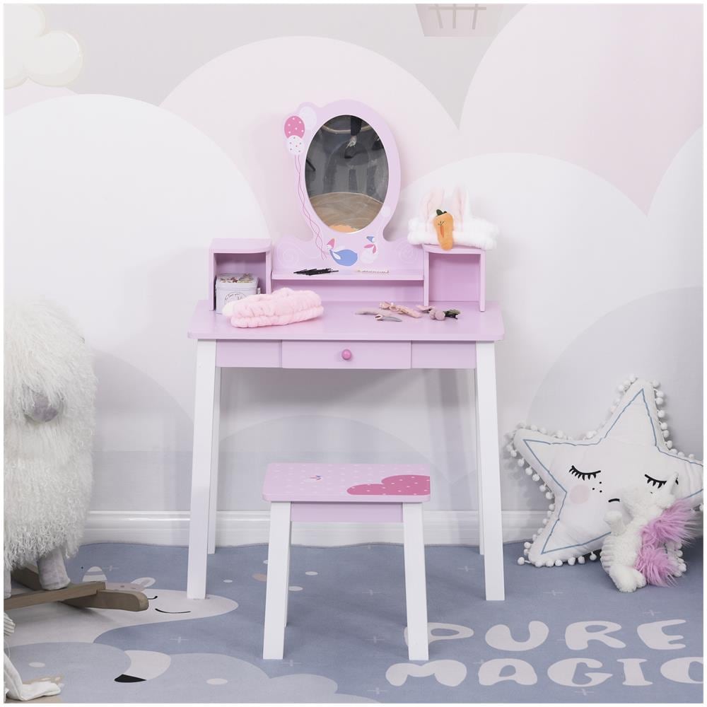 Set Tavolo Toeletta Specchio E Sgabello In Legno Per Bambini Rosa - Foto 2
