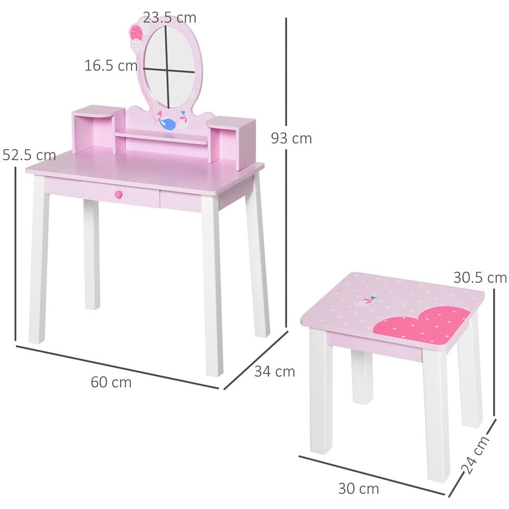 Set Tavolo Toeletta Specchio E Sgabello In Legno Per Bambini Rosa - Foto 3