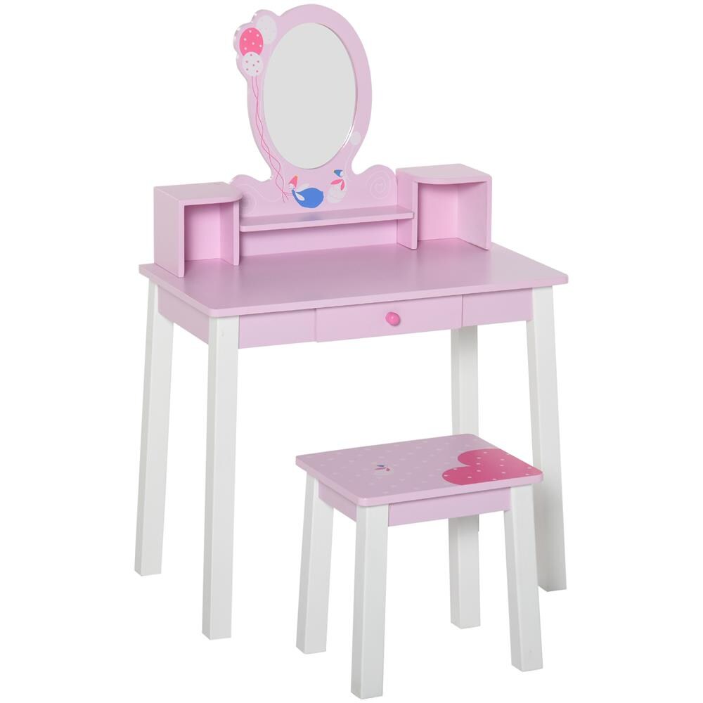 Set Tavolo Toeletta Specchio E Sgabello In Legno Per Bambini Rosa - Foto 1