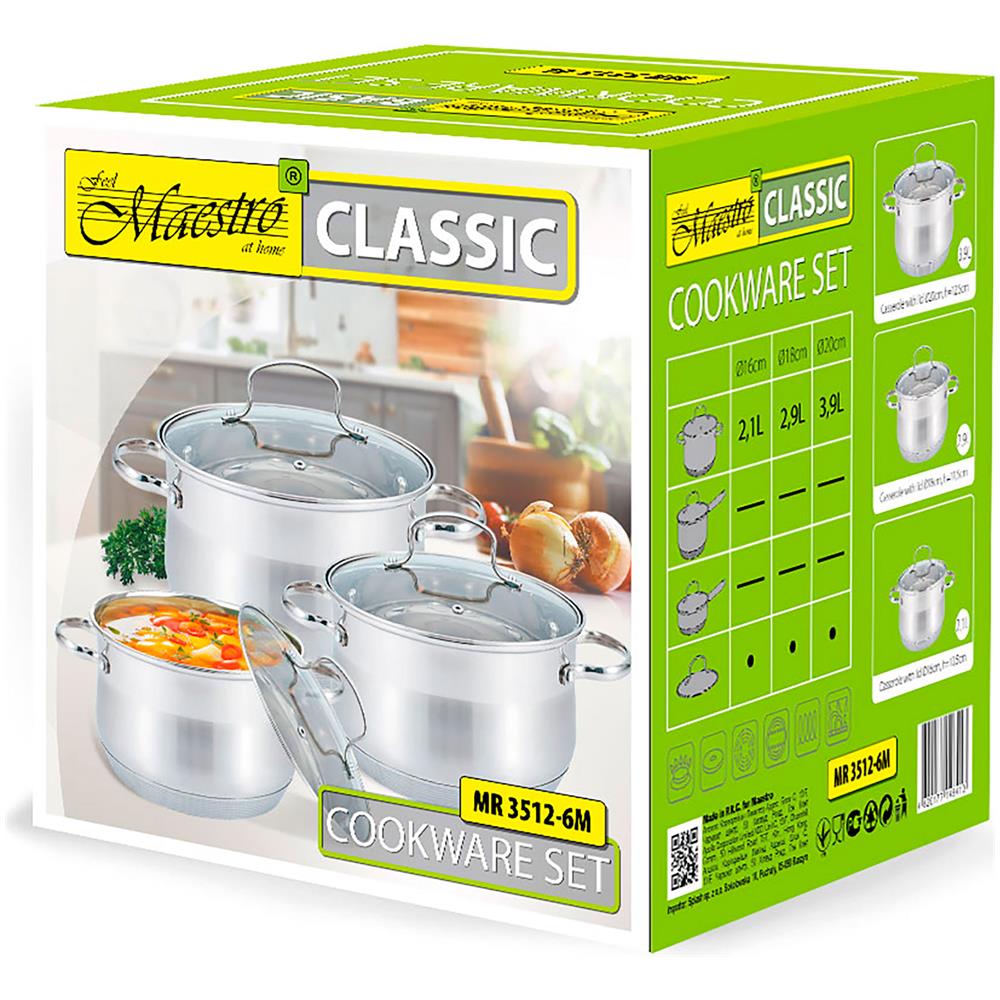 Mr-3512-6m Batterie De Cuisine Induction Acier Inoxydable 6 Pcs 3 Couvercles Verre Trempé Argento - Foto 4
