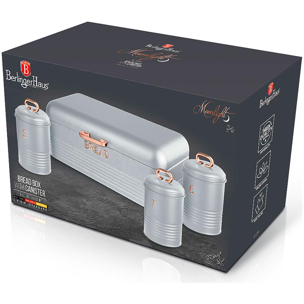 Moonlight Set Di Portapane + 3 Barattoli Da Cucina Acciaio Inox Design Moderno, Coperchio Grigio / Oro Rosa - Foto 2