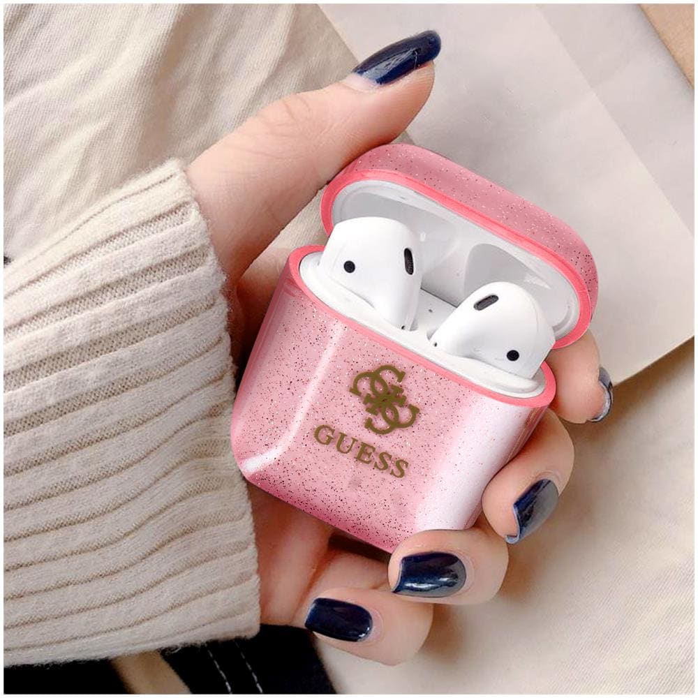 Cover Per Airpods Silicone Gel Glitterata Logo Guess In Rilievo Rosa Traslucido - Foto 2