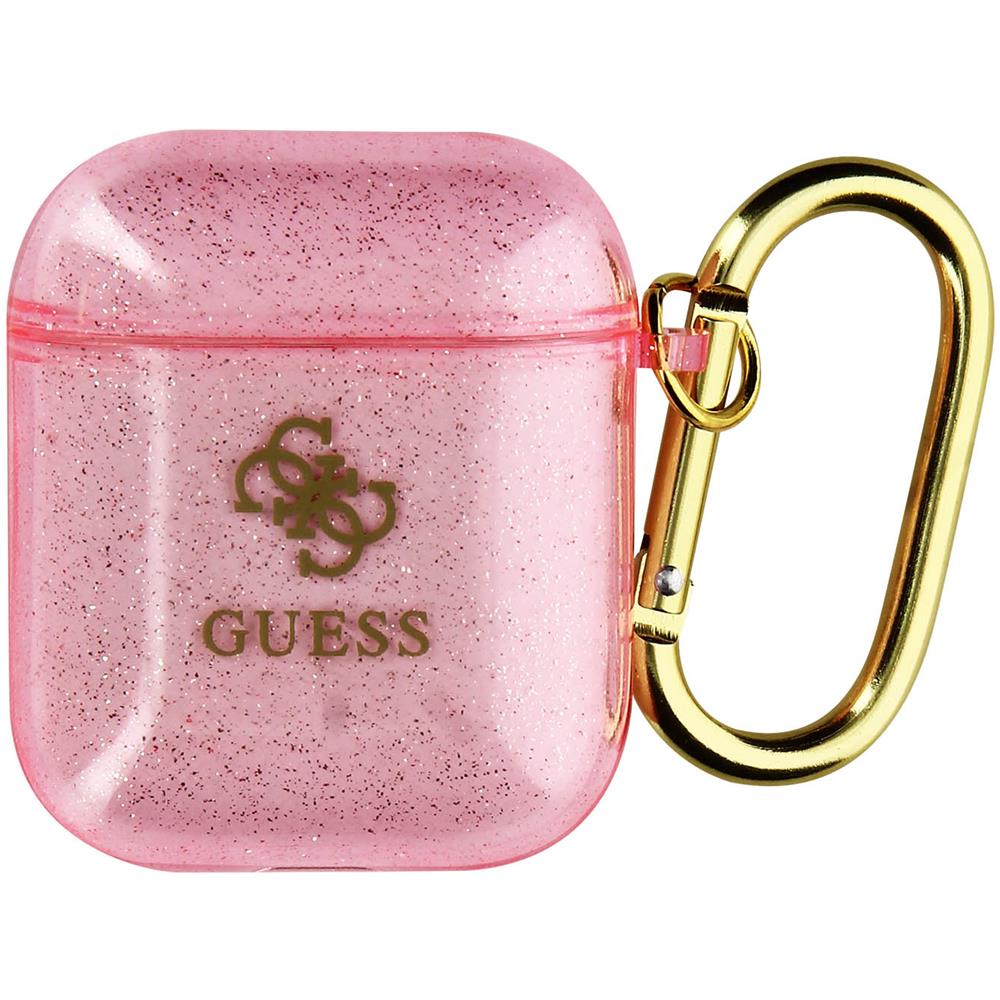 Cover Per Airpods Silicone Gel Glitterata Logo Guess In Rilievo Rosa Traslucido - Foto 5