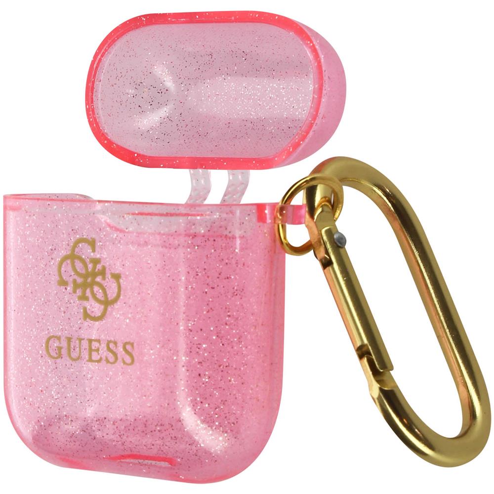 Cover Per Airpods Silicone Gel Glitterata Logo Guess In Rilievo Rosa Traslucido - Foto 1