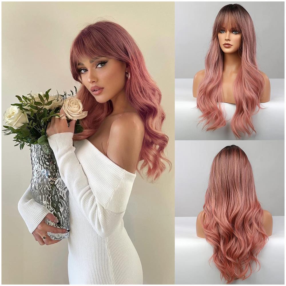 Parrucche Rosa Con Frangia - Parrucche Lunghe Rosa Sfumate Per Donna, Capelli Rosa Ondulati Resistenti Al Calore, Radice Scura Sintetica Dall'aspetto Naturale - Le Migliori Parrucche Per Halloween, Natale, Cosplay, Feste - Foto 1