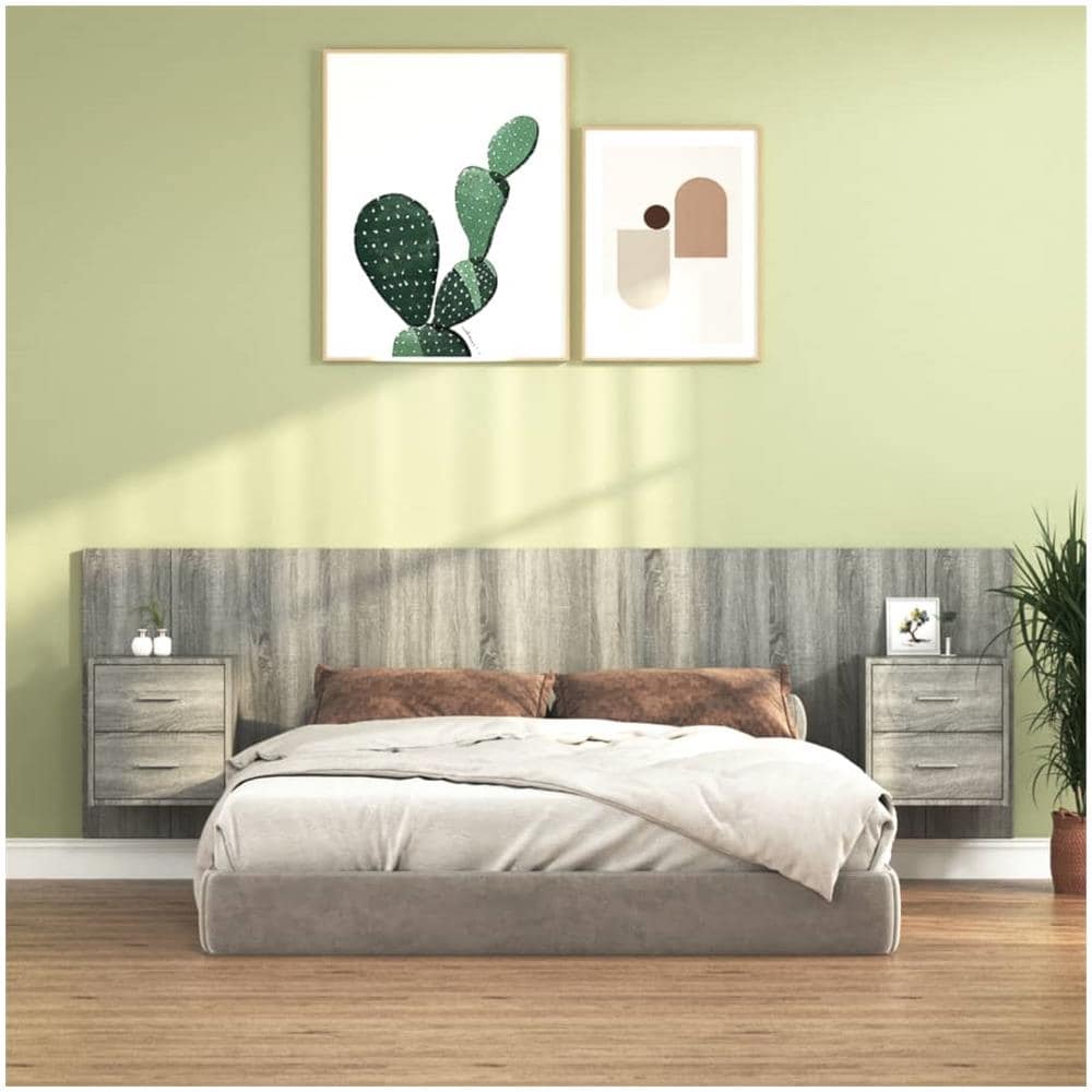 Testiera Letto Con Comodini In Legno Multistrato Grigio Sonoma - Foto 1
