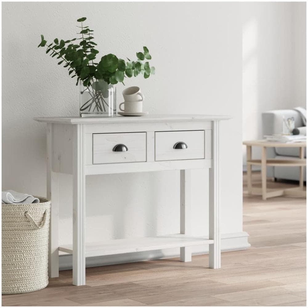 Tavolo Consolle Bodo 90x34,5x73 Cm Legno Massello Pino Bianco - Foto 1