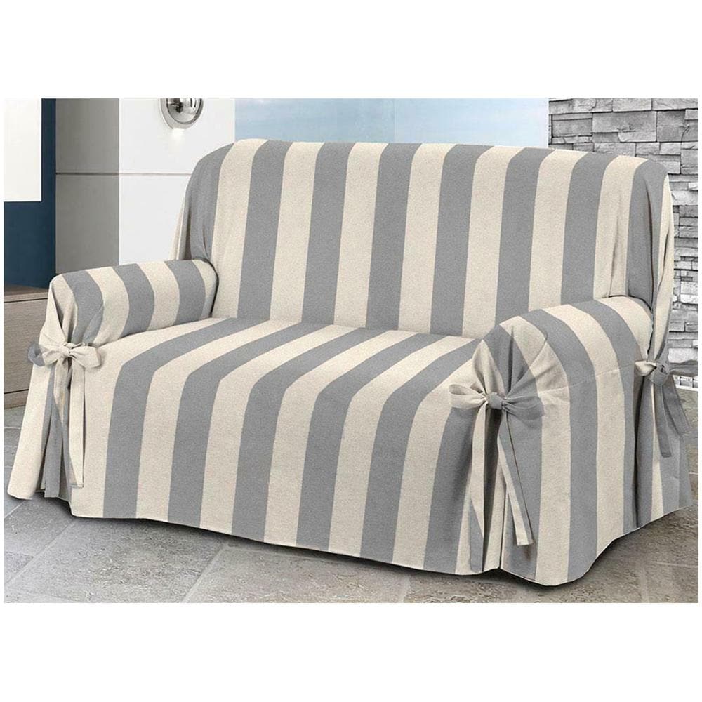 Copridivano Fodera Telo Protezione Divano Con Laccetti Fiocco Riga Larga Grigio 2 Posti Grigio - Foto 1