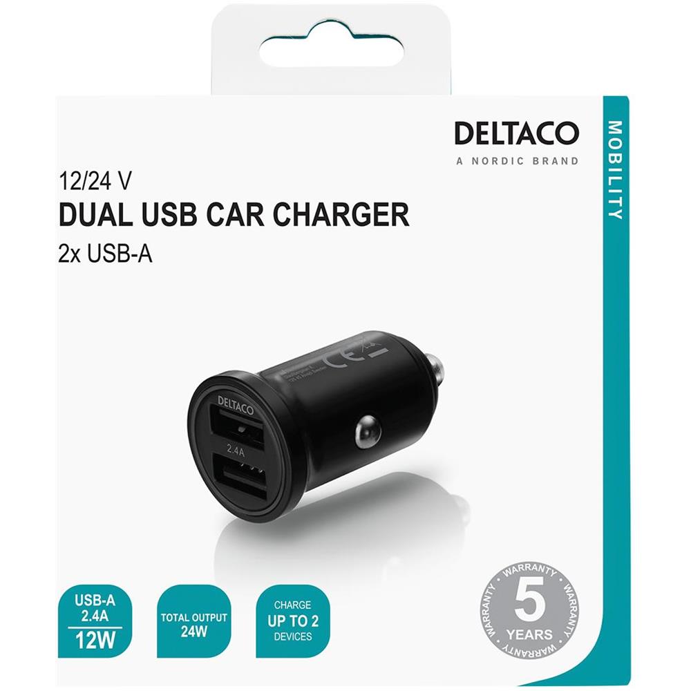 Caricabatteria Da Auto Deltaco 12/24 V Usb Con Doppia Porta Usb-a, 24 W Nero - Foto 2
