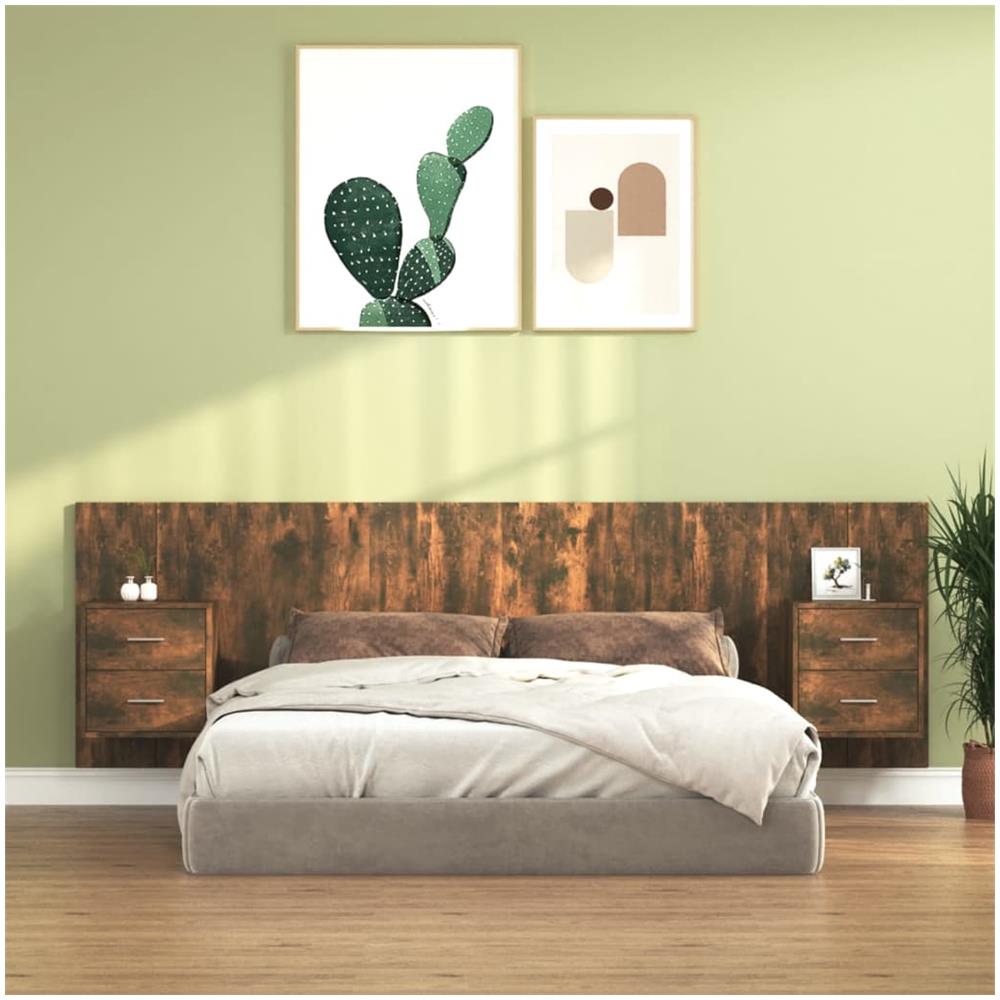 Testiera Letto Con Comodini In Legno Multistrato Rovere Fumo - Foto 1