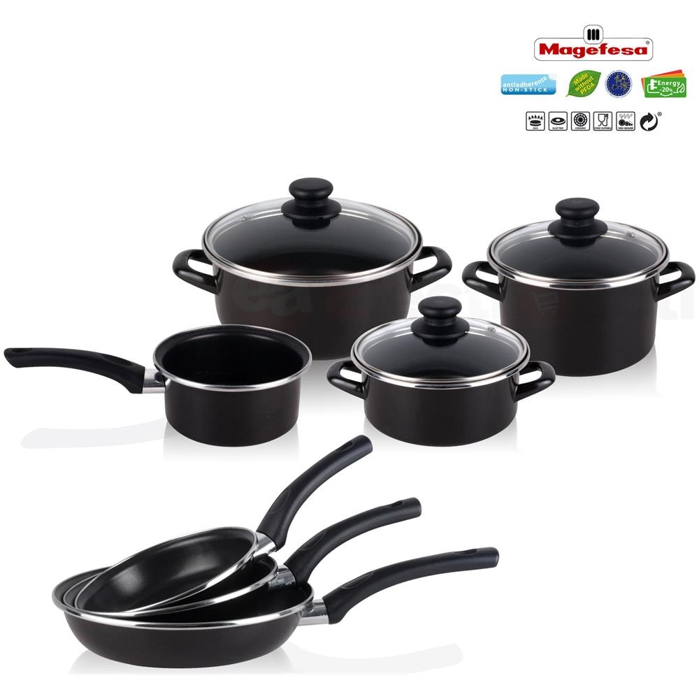 Magefesa Kenia Batteria Da Cucina Induzione Set Pentole 7 Pezzi E 3 Padelle, Coperchi In Vetro  Nero - Foto 1