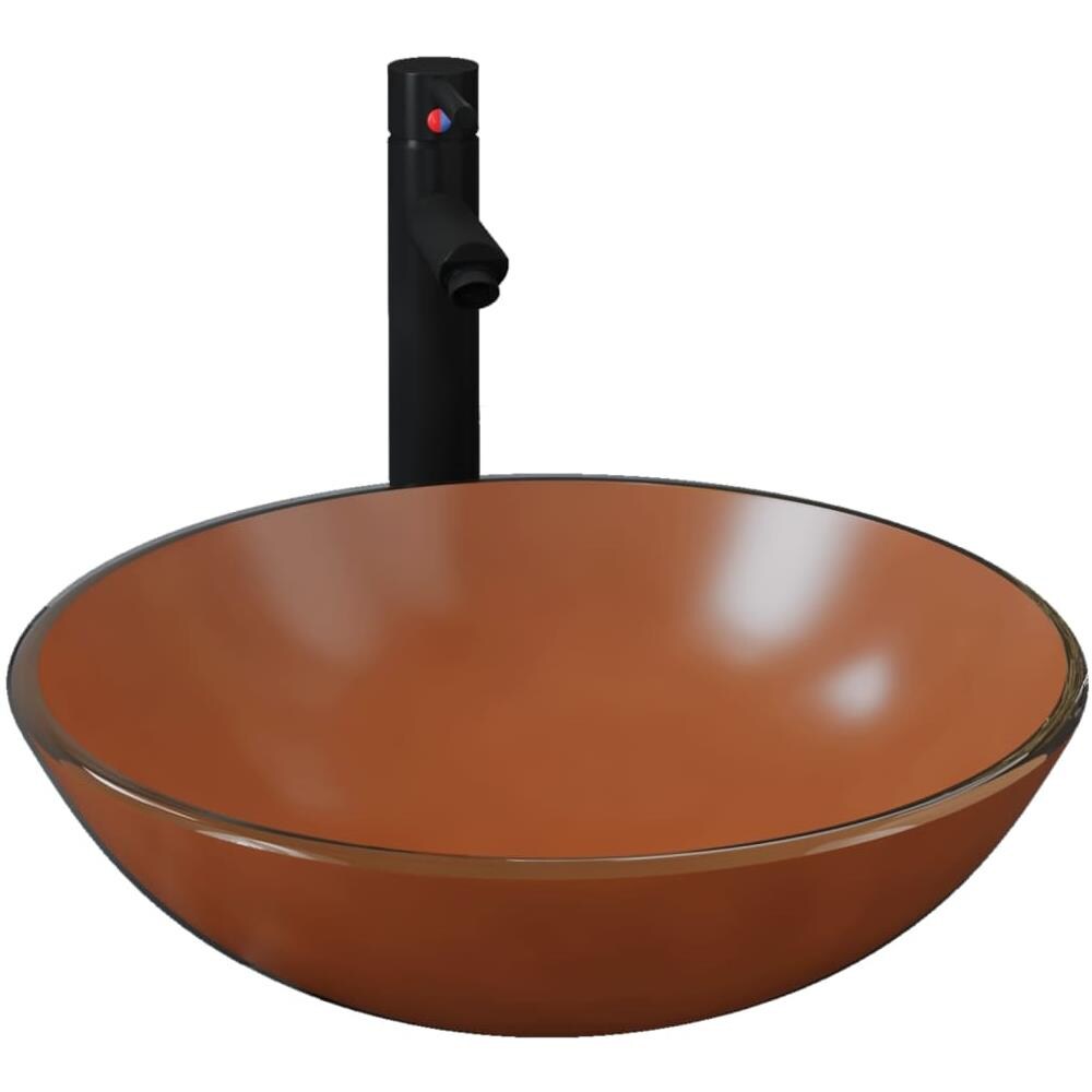 Lavandino con Rubinetto e Piletta in Vetro Temperato Marrone - Foto 2