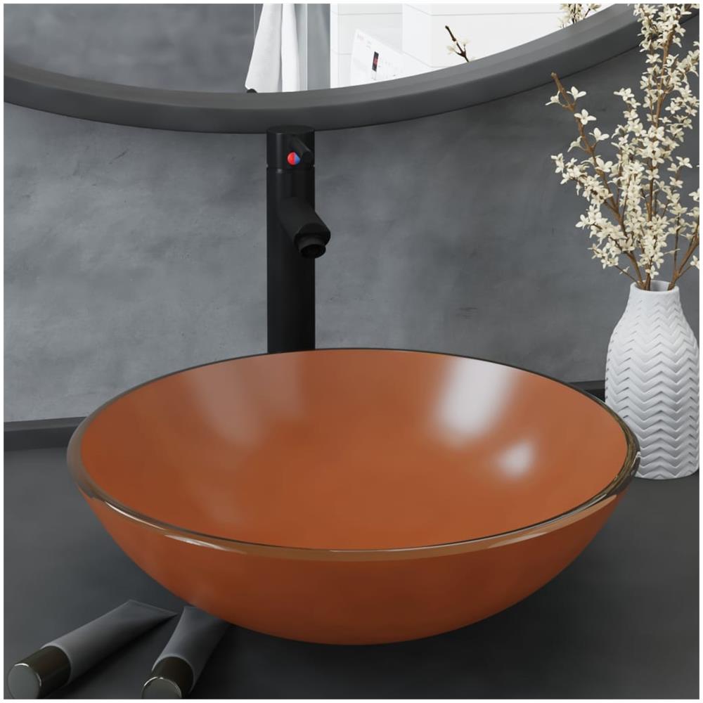 Lavandino con Rubinetto e Piletta in Vetro Temperato Marrone - Foto 1