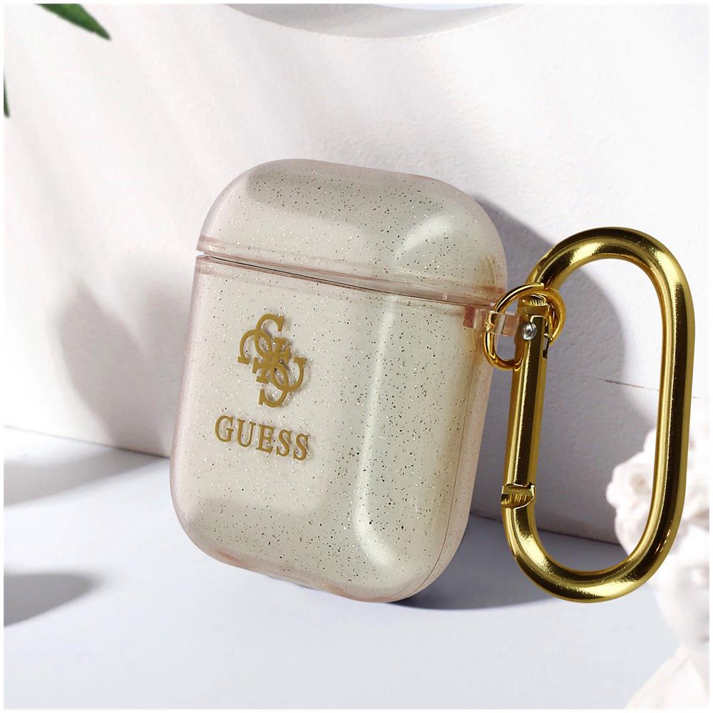 Cover Per Airpods Silicone Gel Glitterata Logo In Rilievo Oro Traslucido - Foto 5