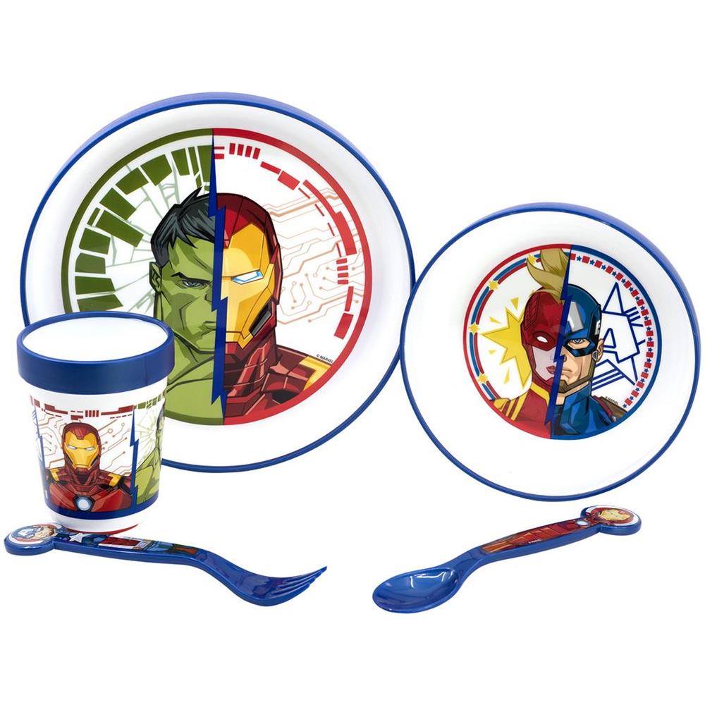 Set Pappa 5 Pezzi Rosso E Blu In Plastica Avengers Hulk Iron Man Captain America Captain Piatti Bicchiere Posate - Foto 2
