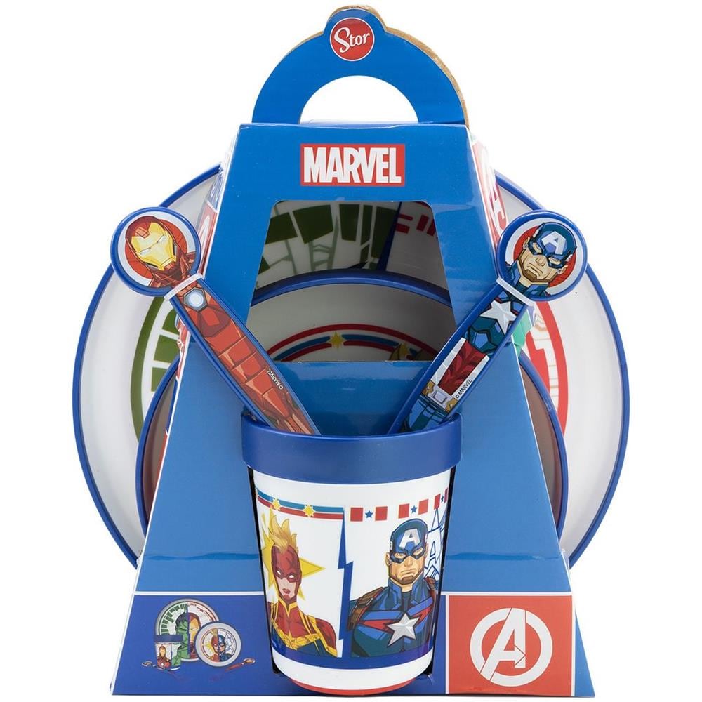 Set Pappa 5 Pezzi Rosso E Blu In Plastica Avengers Hulk Iron Man Captain America Captain Piatti Bicchiere Posate - Foto 3