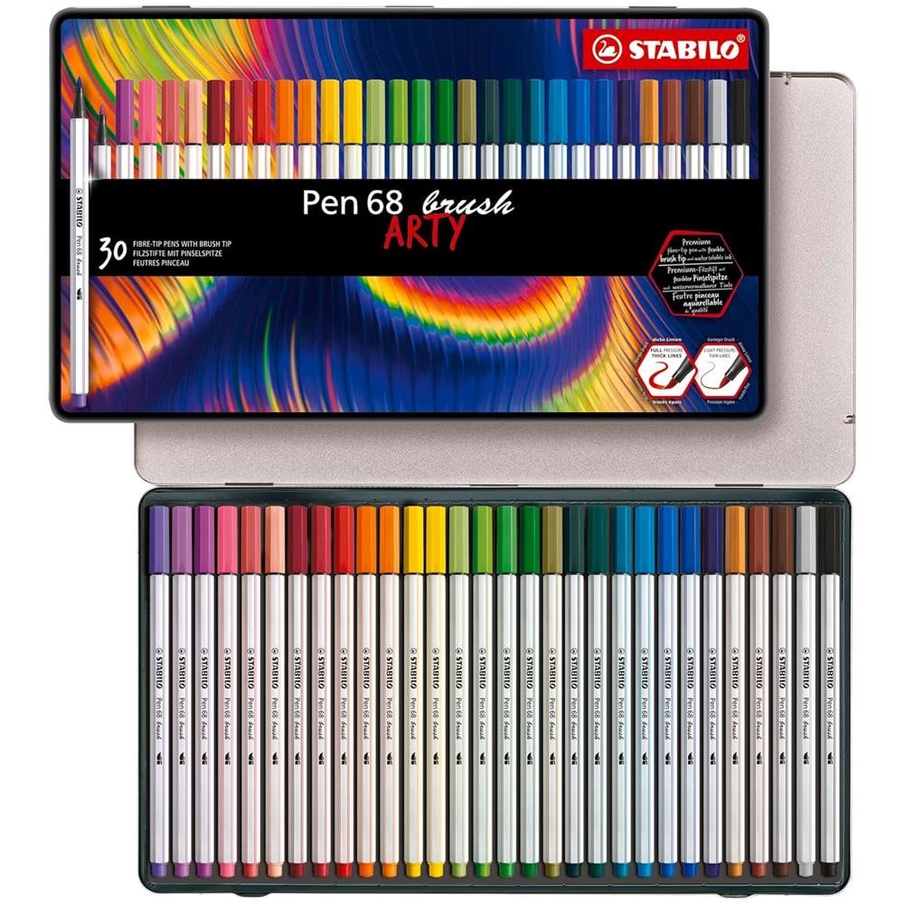 Pen 68 brush - Pennarello Premium con punta a pennello - ARTY - Scatola in metallo da 30 - Colori assortiti - Foto 1
