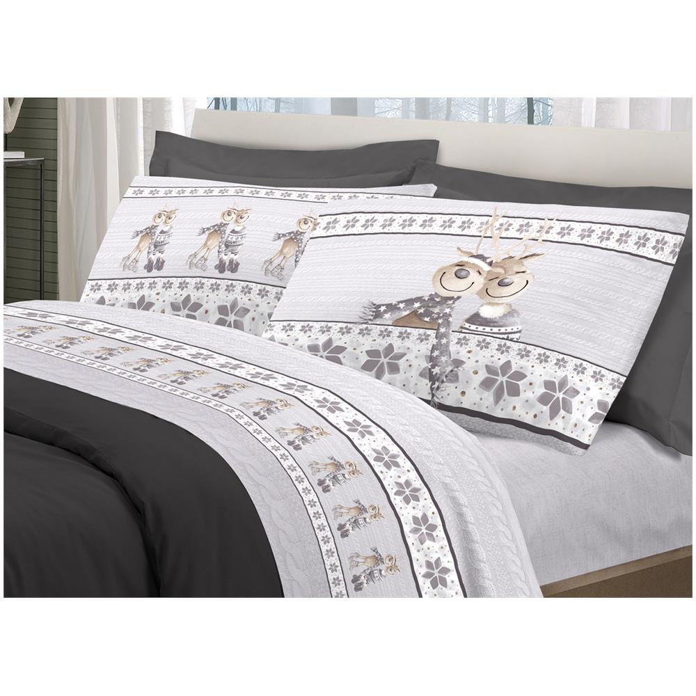 Completo Lenzuola In Flanella Pensieri Delicati 100% Cotone Dis. Renna Grigio Piazza E Mezza Grigio - Foto 1