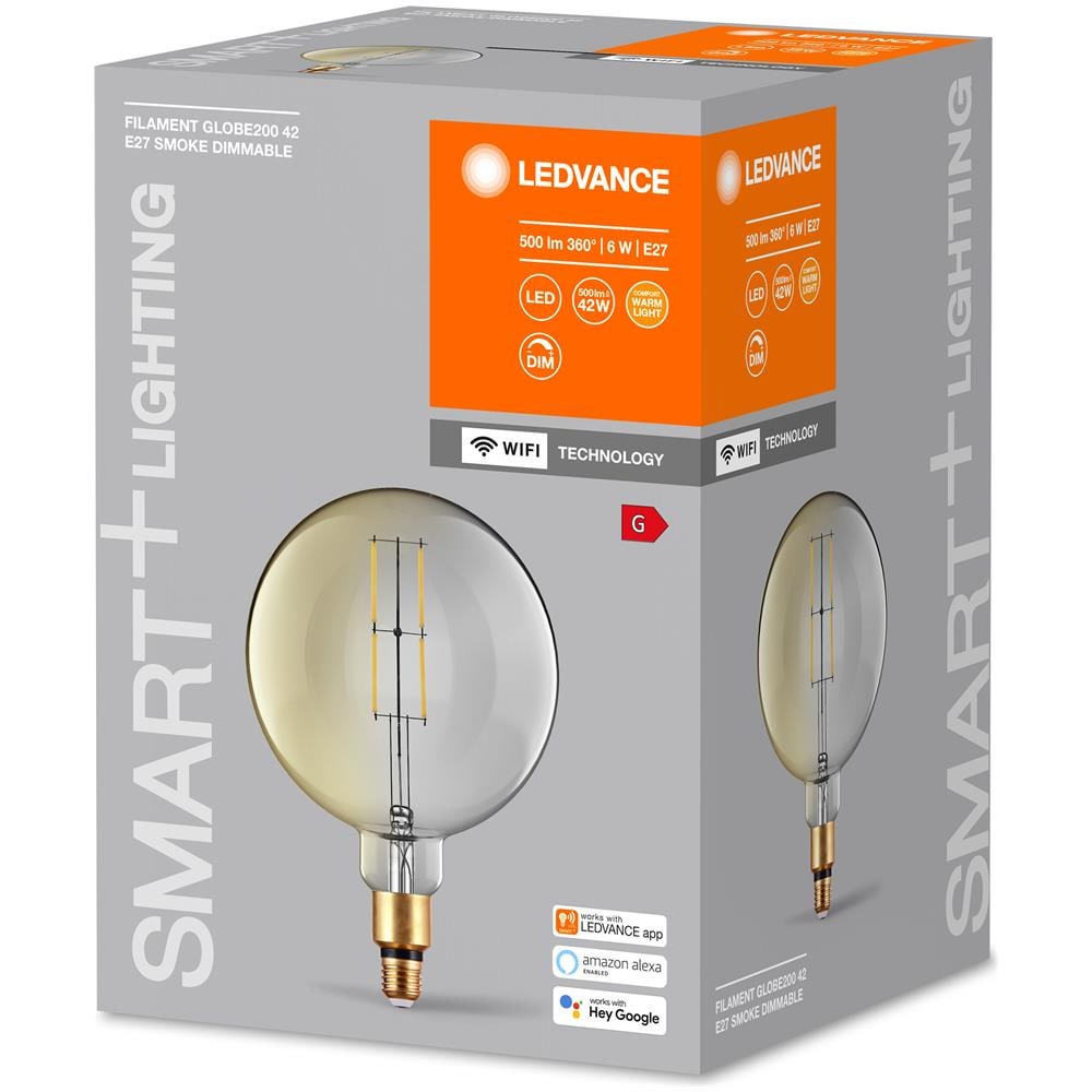 Lampada A Led Smart Ledvance Con Tecnologia Wifi, Piedistallo E27, Dimmerabile, Bianco Caldo (2500k), Grande Forma Del Globo, Filamento Trasparente Nel Vetro Del Fumo, Sostituzione Per Convenzionale 37w, Controllabile Con Alexa, Google & App - Foto 2