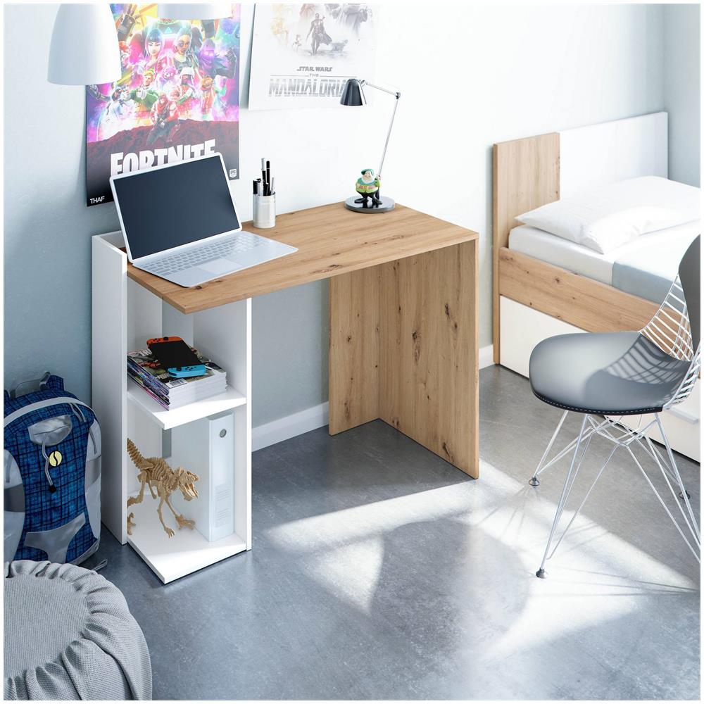 Scrivania Tucson, Scrittoio Multifunzione Reversibile Multiposizione, Tavolo Da Studio O Ufficio Porta Pc Con Scaffale E Ripiani, 100x52h78 Cm, Bianco E Rovere Nodi - Foto 1