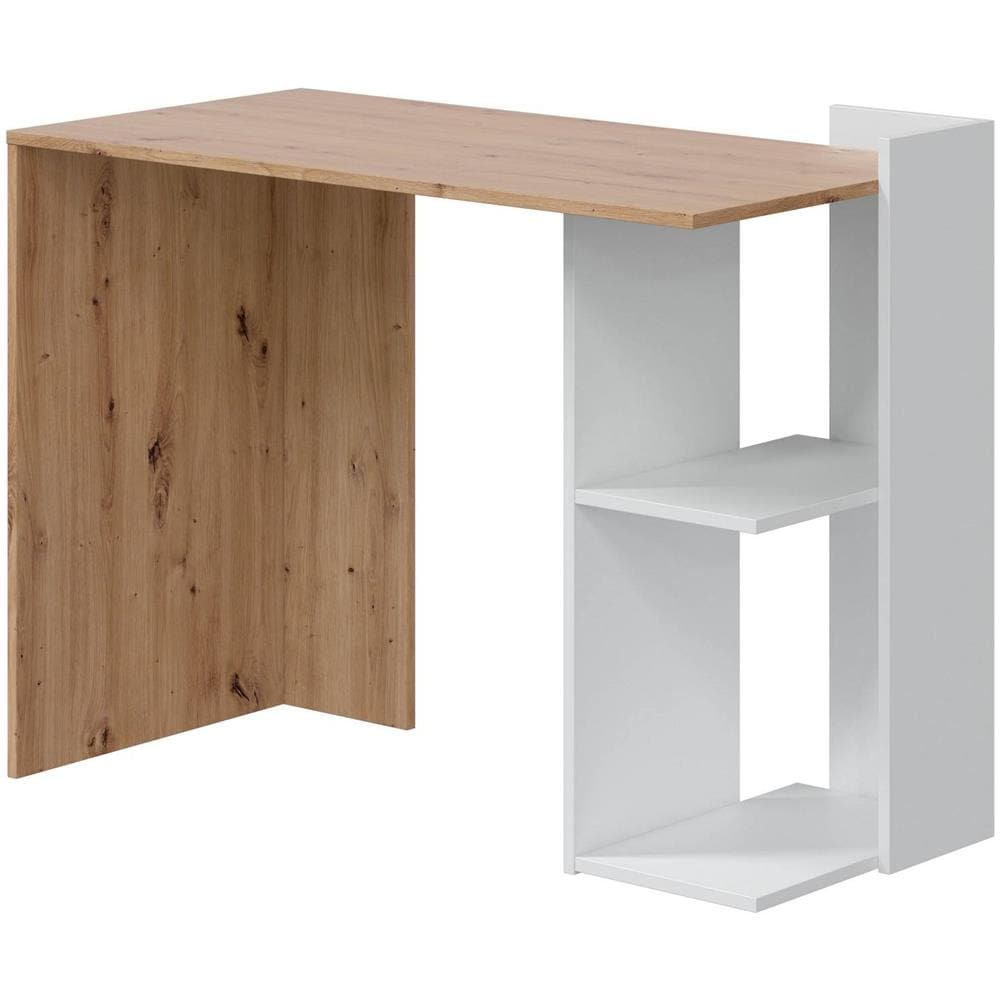 Scrivania Tucson, Scrittoio Multifunzione Reversibile Multiposizione, Tavolo Da Studio O Ufficio Porta Pc Con Scaffale E Ripiani, 100x52h78 Cm, Bianco E Rovere Nodi - Foto 2