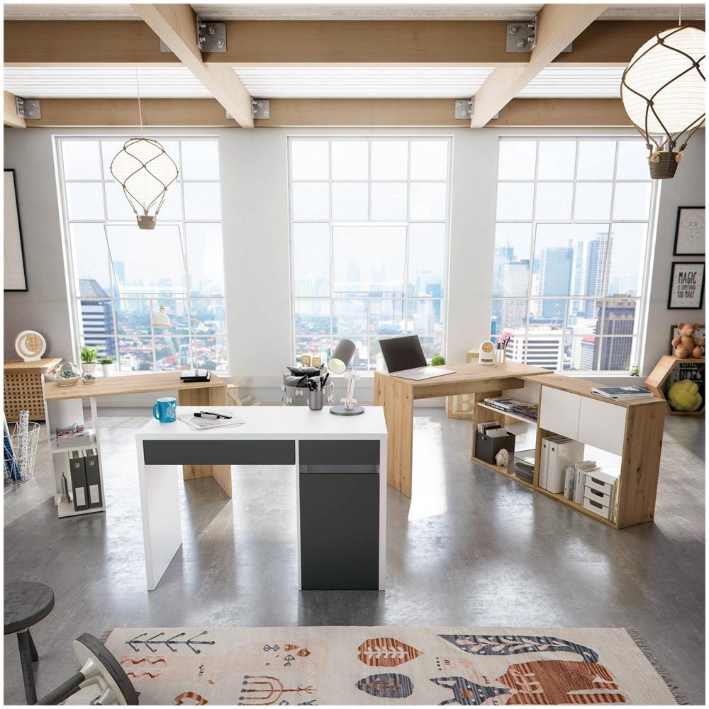 Scrivania Tucson, Scrittoio Multifunzione Reversibile Multiposizione, Tavolo Da Studio O Ufficio Porta Pc Con Scaffale E Ripiani, 100x52h78 Cm, Bianco E Rovere Nodi - Foto 4