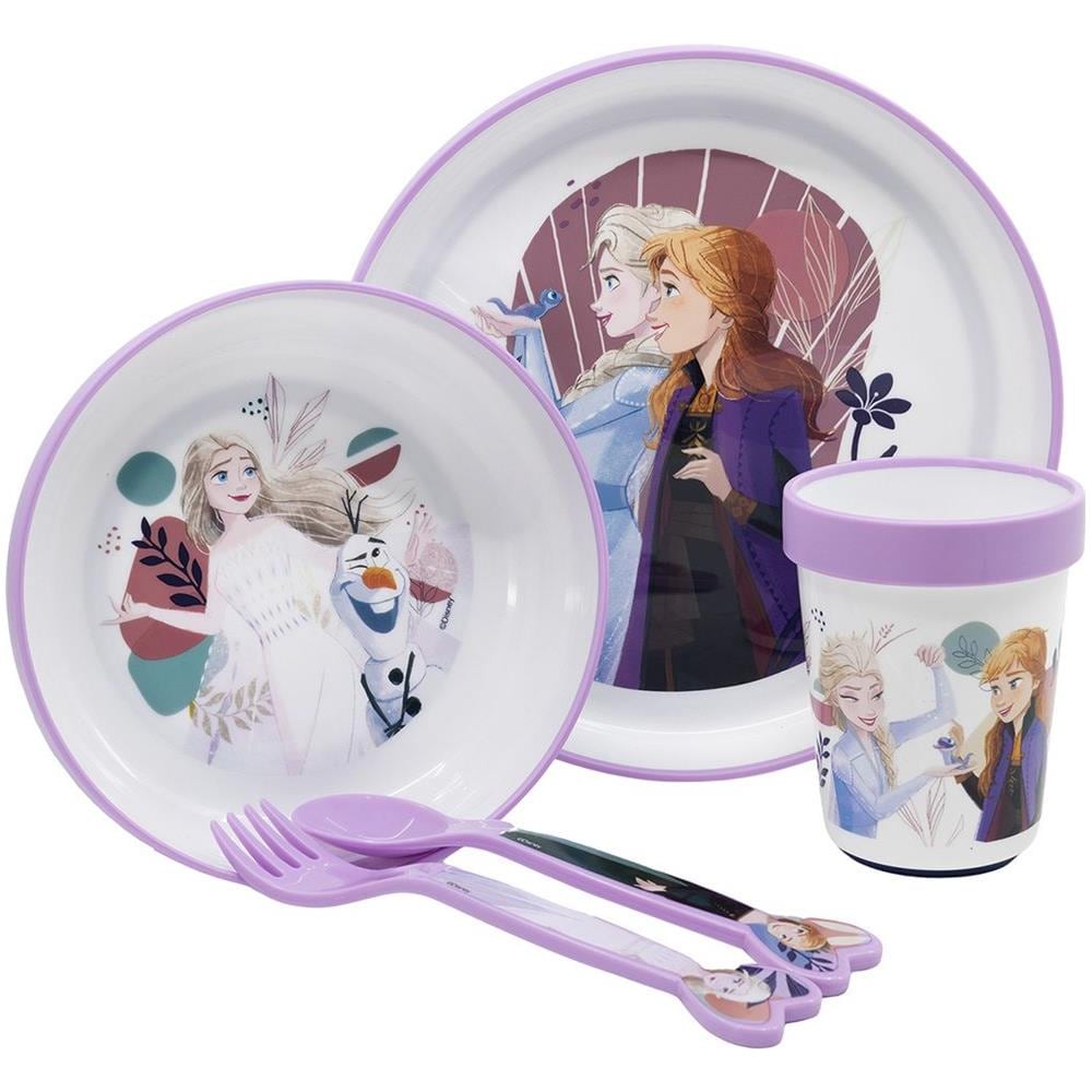 Disney Set Pappa 5 Pezzi Lilla E Bianco In Plastica Frozen Elsa Anna Olaf Piatti Bicchiere Posate - Foto 2