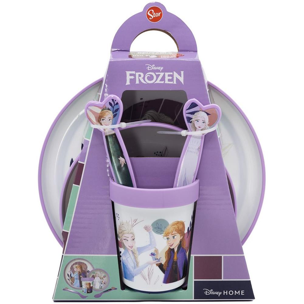 Disney Set Pappa 5 Pezzi Lilla E Bianco In Plastica Frozen Elsa Anna Olaf Piatti Bicchiere Posate - Foto 3