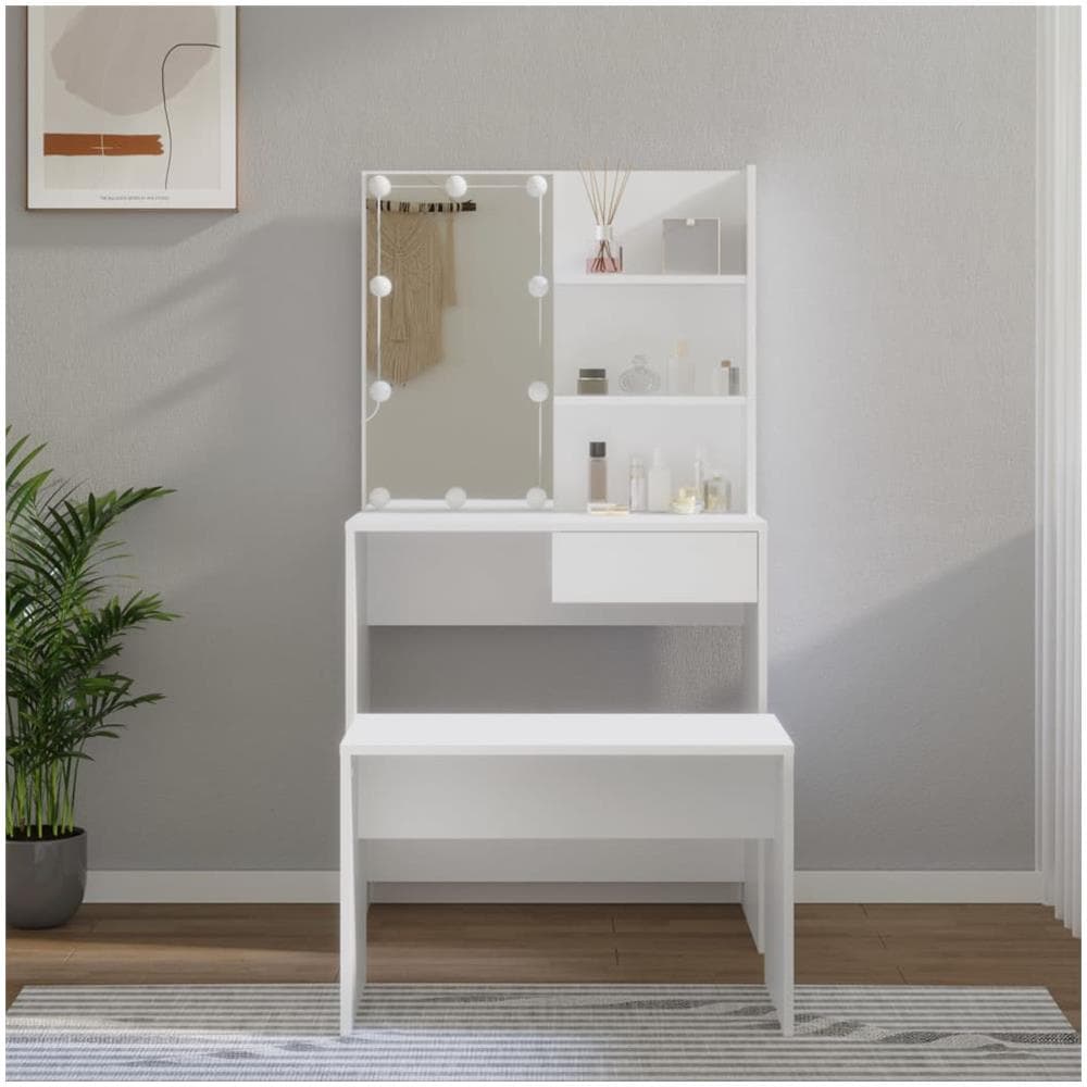 Set Tavolo Da Toeletta Bianco Con Led In Legno Multistrato - Foto 1