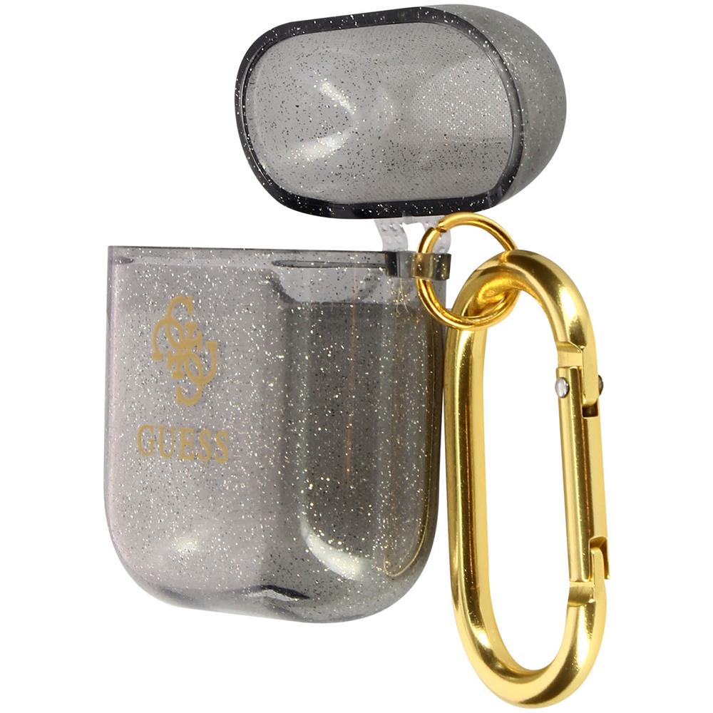 Cover Per Airpods Silicone Gel Glitterata Logo Guess In Rilievo Nero Traslucido - Foto 1