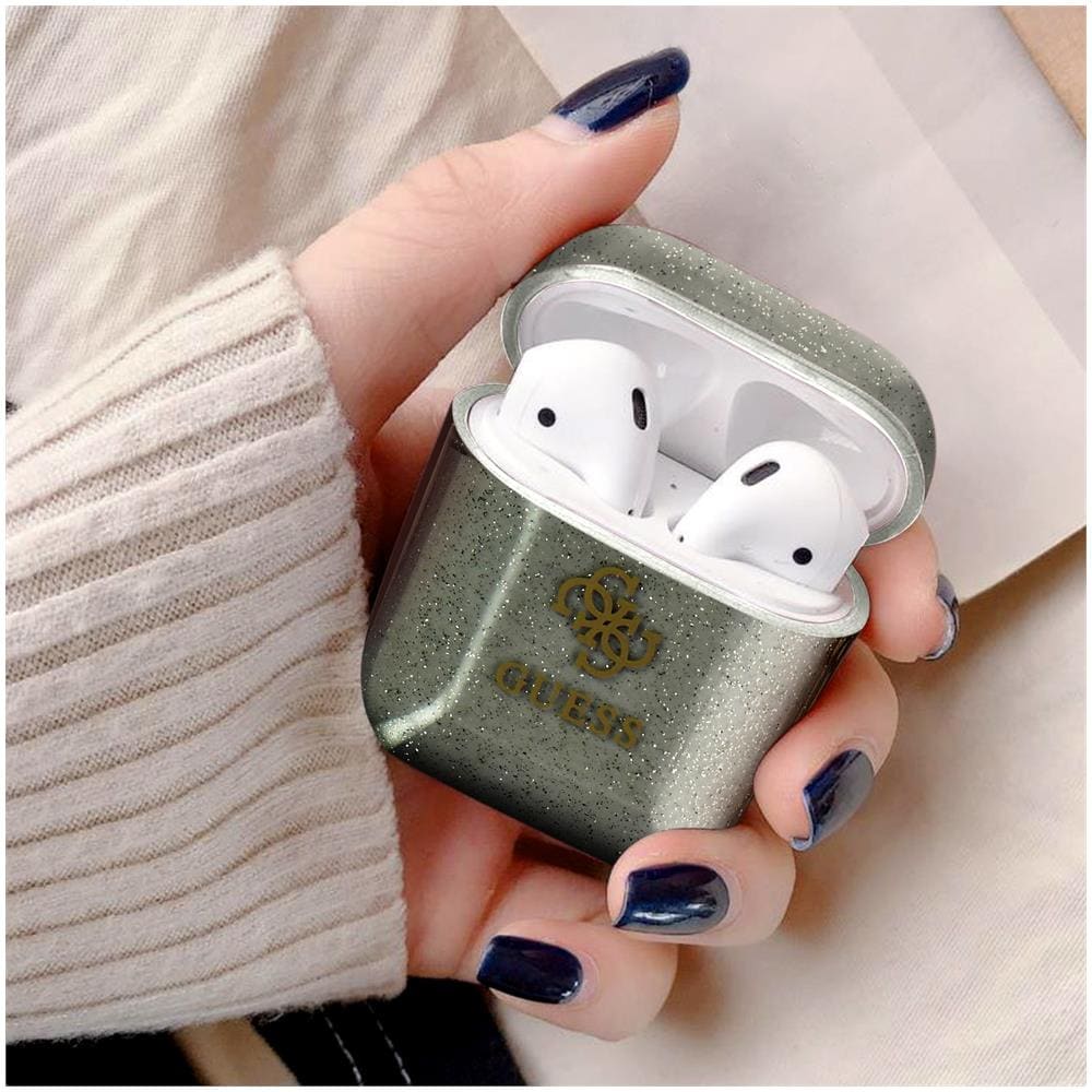 Cover Per Airpods Silicone Gel Glitterata Logo Guess In Rilievo Nero Traslucido - Foto 2
