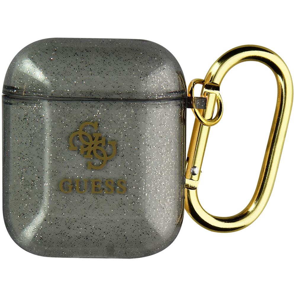Cover Per Airpods Silicone Gel Glitterata Logo Guess In Rilievo Nero Traslucido - Foto 5