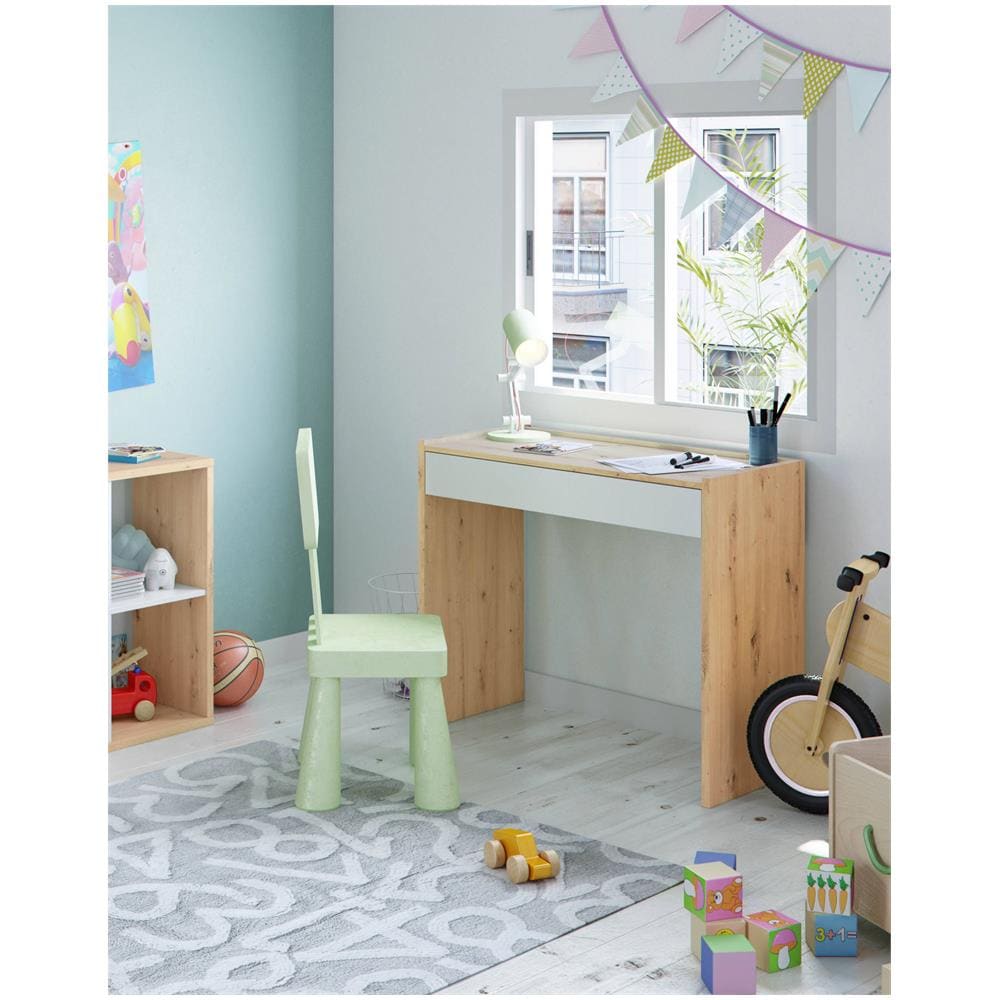 Scrivania Fresno, Scrittoio Lineare Con Cassetto, Tavolo Da Studio O Ufficio Porta Pc, 82x40h77 Cm, Rovere Nodi E Bianco - Foto 2