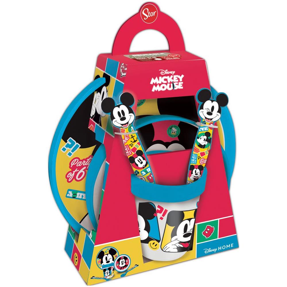 Disney Set Pappa 5 Pezzi Azzurro E Rosso In Plastica Topolino Mickey Mouse Piatti Bicchiere Posate - Foto 1