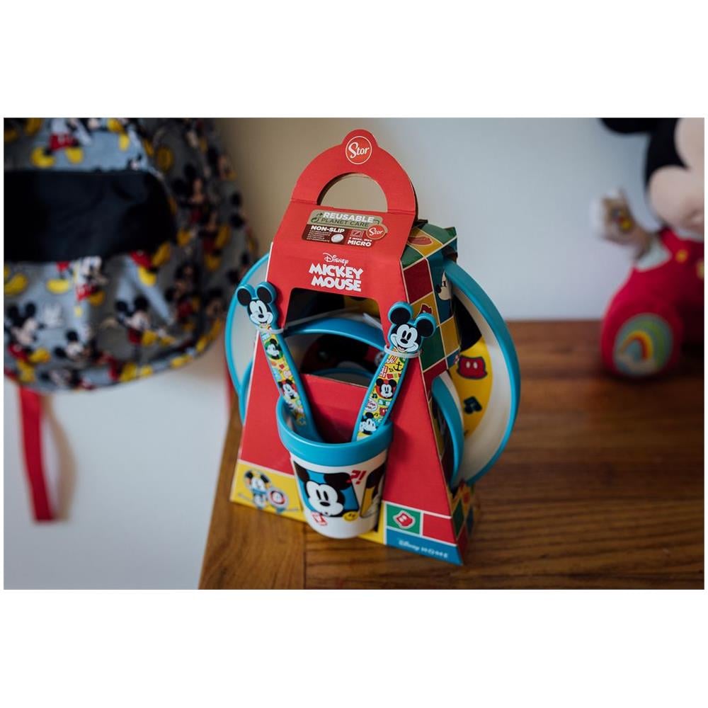 Disney Set Pappa 5 Pezzi Azzurro E Rosso In Plastica Topolino Mickey Mouse Piatti Bicchiere Posate - Foto 2