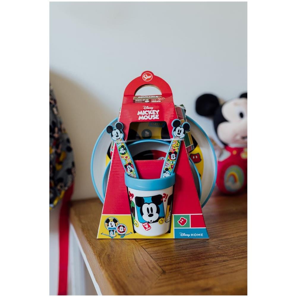 Disney Set Pappa 5 Pezzi Azzurro E Rosso In Plastica Topolino Mickey Mouse Piatti Bicchiere Posate - Foto 3