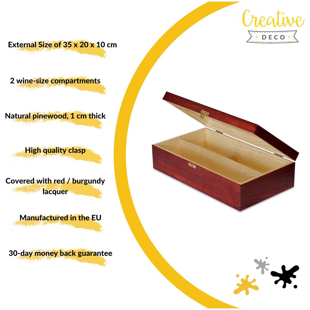 Rossa Scatola In Legno Per Vino | 2 Bottiglie | 35 X 20 X 10 Cm | Divisori Rimovibili | Coperchio E Serratura | Cassetta Confezione Perfetta Per Regalo Decoupage Stoccaggio Decorazione - Foto 5