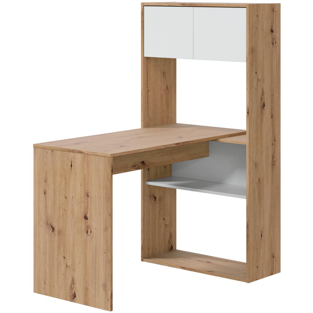 Scrivania Riverside, Scrittoio Multifunzione Reversibile Ad Angolo Con Libreria, Tavolo Da Studio O Ufficio Multiposizione, 108x70h140 Cm, Bianco E Rovere Nodi - Foto 2