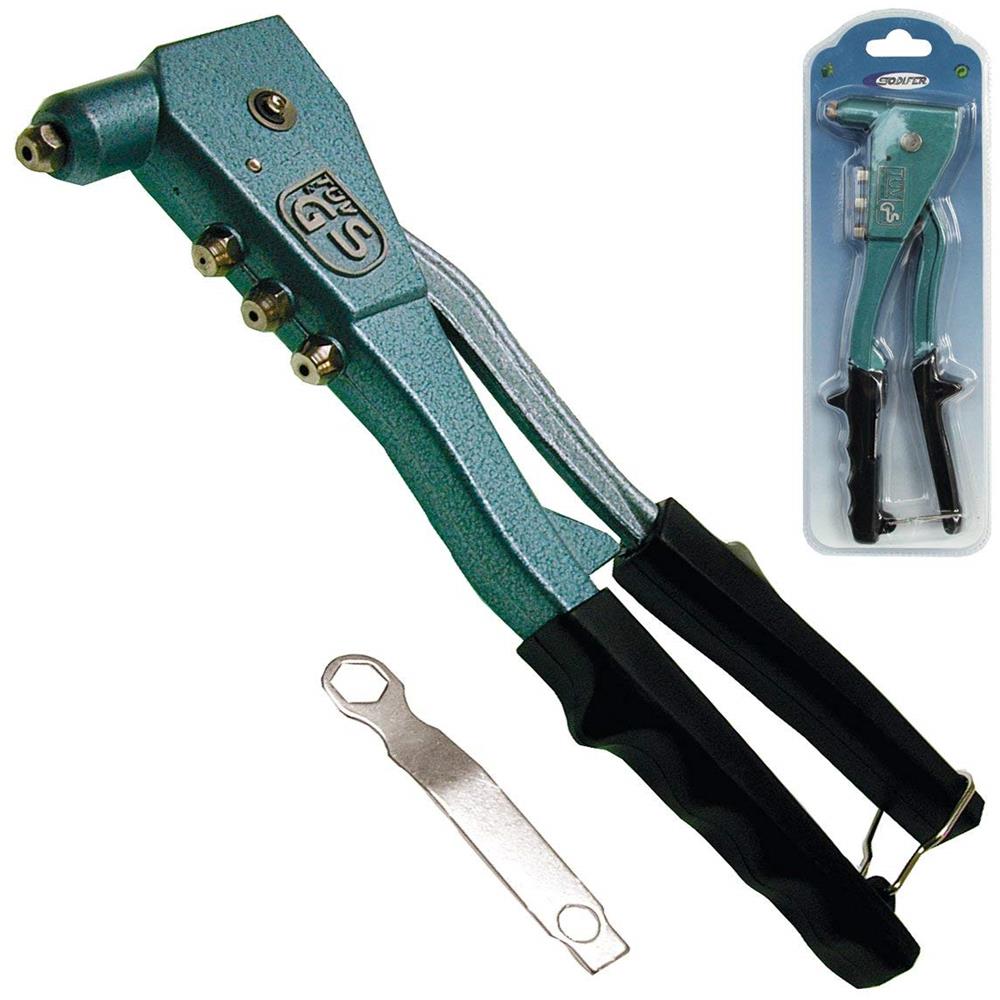 Rivettatrice A Strappo Da Mm. 250, 4 Testine Esagonali In Acciaio Per Rivetti Da Mm. 2,4 A Mm. 4,8 Intercambiabili. Corpo In Alluminio Verniciato, Con Impugnatura Rivestita In Pvc Antiscivolo. Fermo Di Sicurezza E Chiave Esagonale Piegata Per La Sost - Foto 1