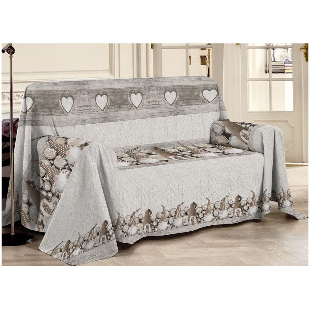 Telo Arredo Multiuso Linea Pensieri Delicati In 100% Cotone Disegno Gnomi Matrimoniale Beige - Foto 1