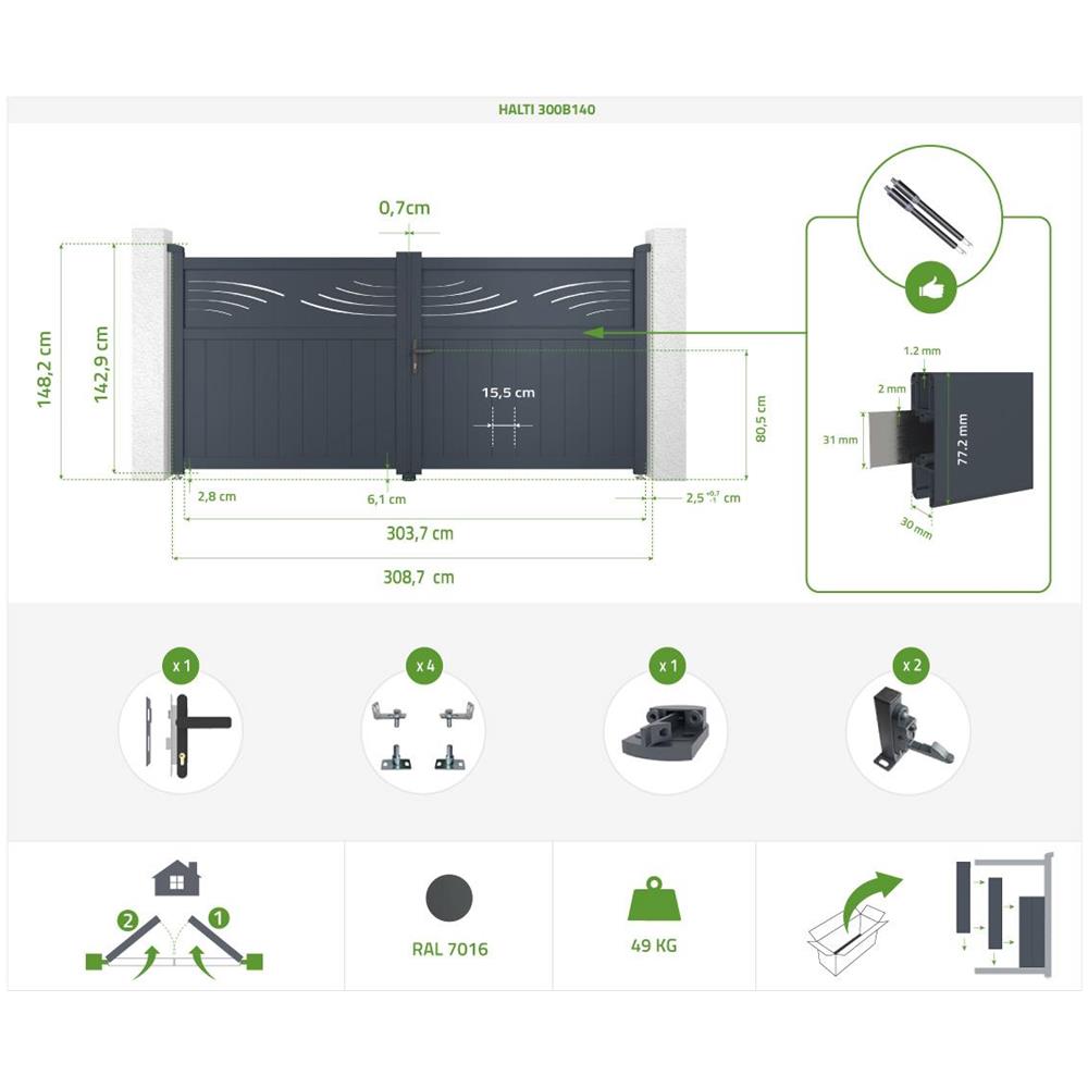 Cancello A Battente In Alluminio 3m Halti 300b140 - Foto 7