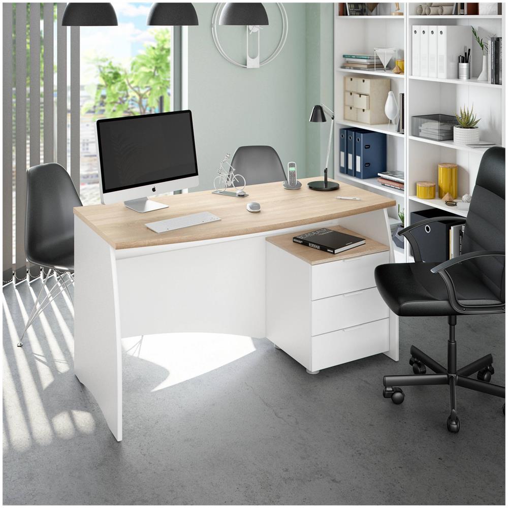 Scrivania Carrollton, Scrittoio Da Ufficio, Tavolo Da Studio Porta Pc Con 3 Cassetti, 136x67h74 Cm, Bianco E Rovere - Foto 1