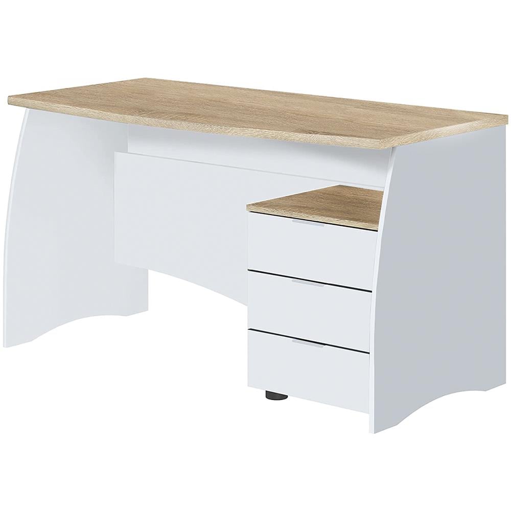 Scrivania Carrollton, Scrittoio Da Ufficio, Tavolo Da Studio Porta Pc Con 3 Cassetti, 136x67h74 Cm, Bianco E Rovere - Foto 2