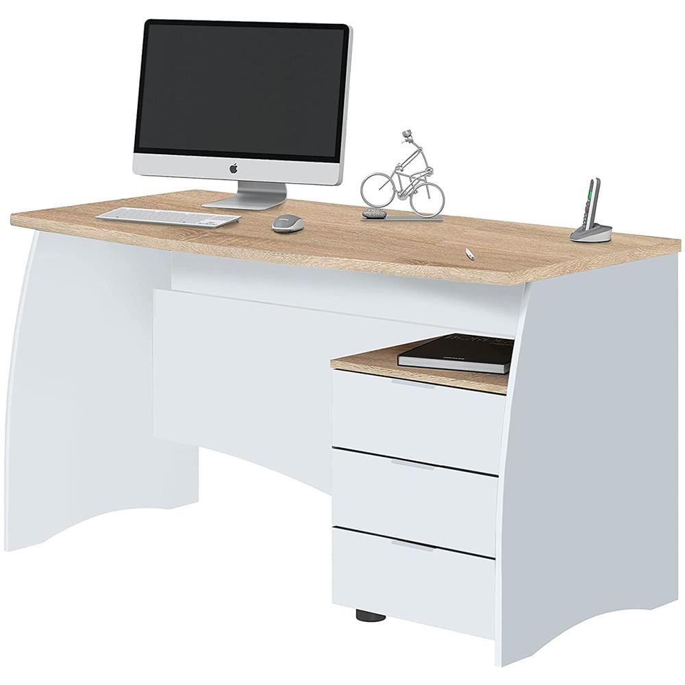 Scrivania Carrollton, Scrittoio Da Ufficio, Tavolo Da Studio Porta Pc Con 3 Cassetti, 136x67h74 Cm, Bianco E Rovere - Foto 4