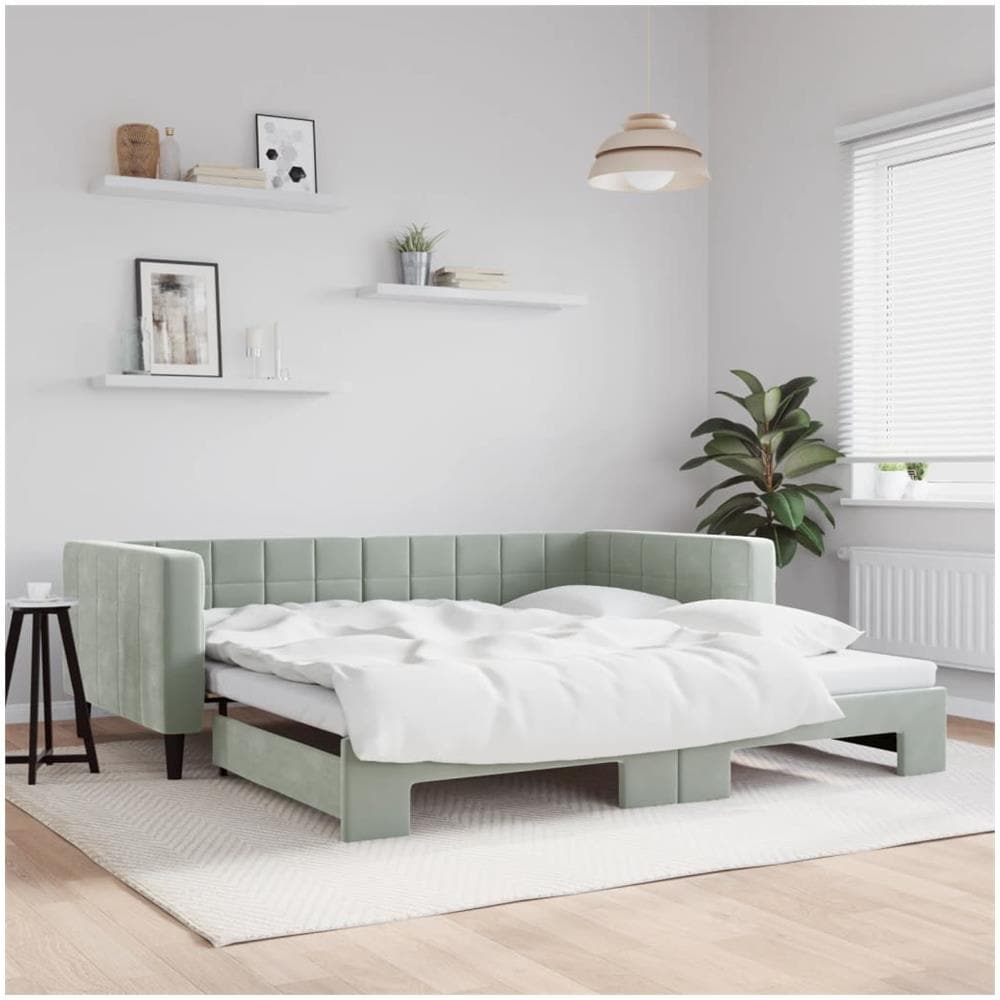 Divano Letto Con Letto Estraibile Grigio Chiaro 100x200 Velluto - Foto 1