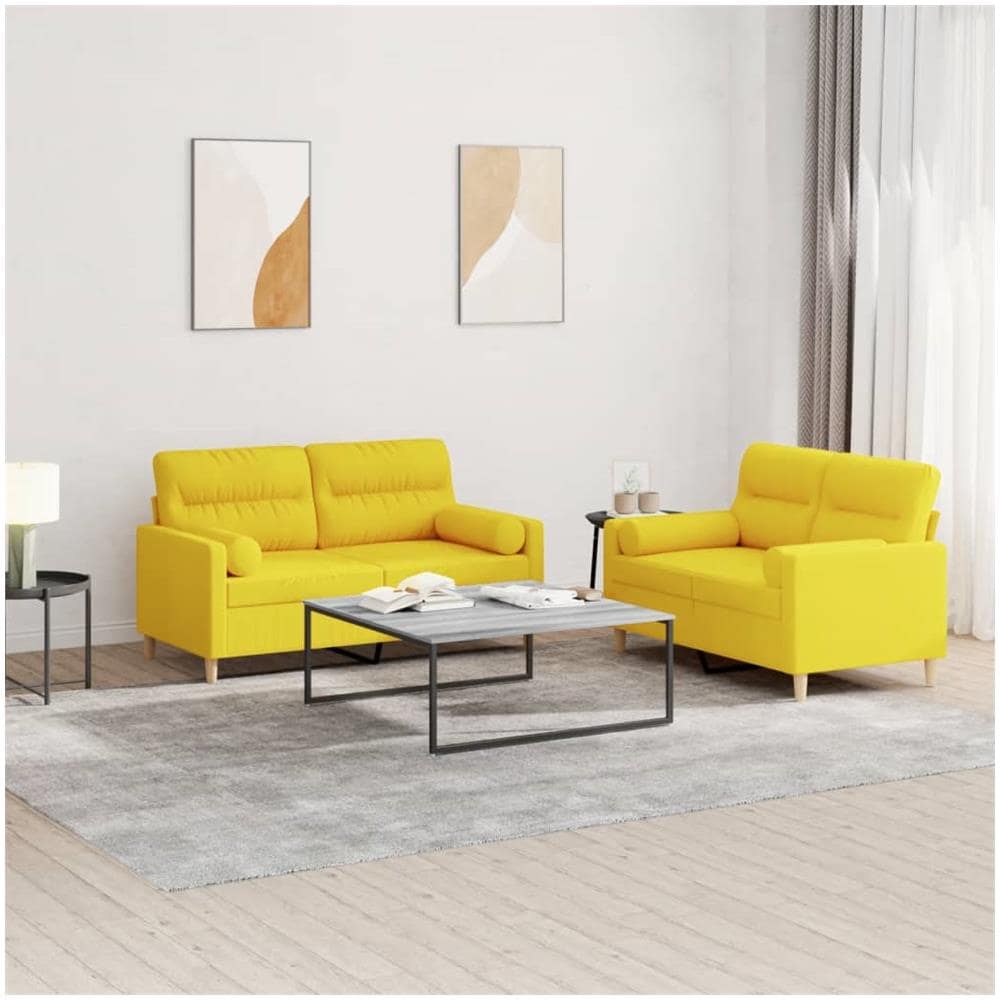 Set Di Divani 2 Pz Con Cuscini Giallo Chiaro In Tessuto - Foto 1