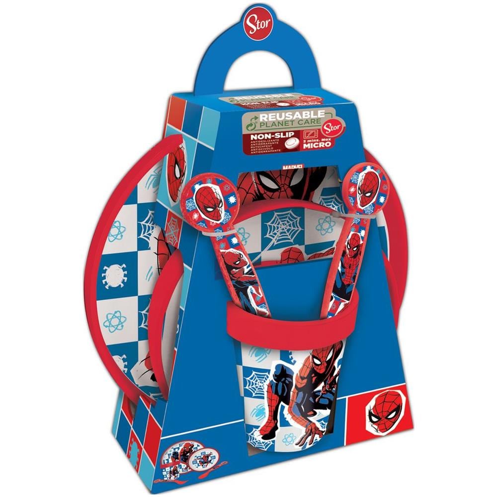 Set Pappa 5 Pezzi Rosso E Blu In Plastica Spiderman Piatti Bicchiere Posate - Foto 1