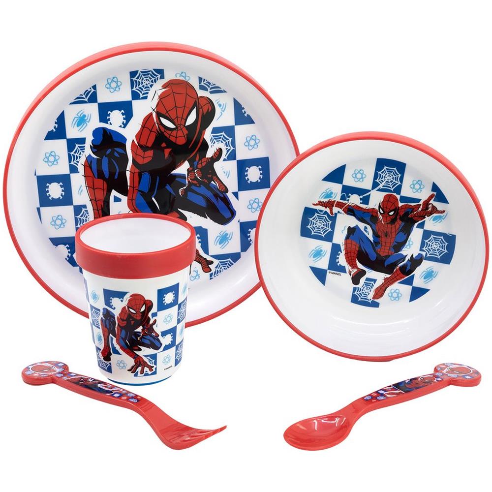 Set Pappa 5 Pezzi Rosso E Blu In Plastica Spiderman Piatti Bicchiere Posate - Foto 2