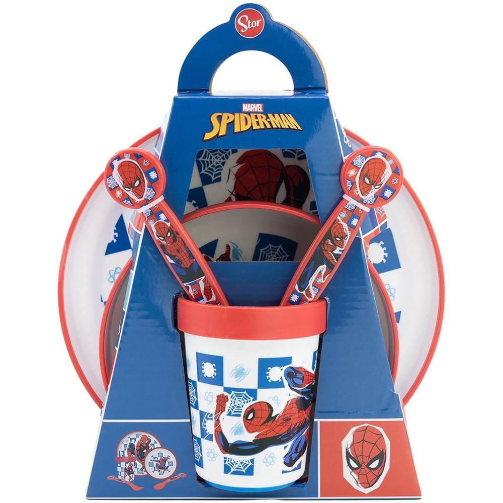Set Pappa 5 Pezzi Rosso E Blu In Plastica Spiderman Piatti Bicchiere Posate - Foto 3