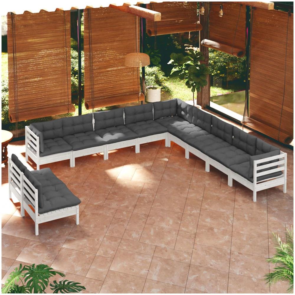Set Divani Da Giardino 11 Pz Con Cuscini Bianchi Legno Di Pino - Foto 1